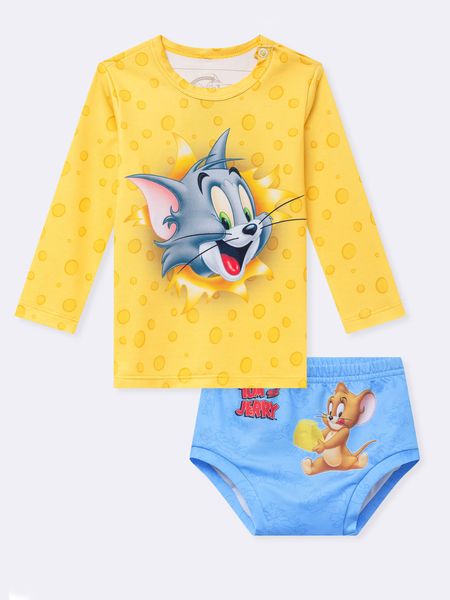 Blusa Manga Longa Bebê e Tapa Fraldas Unissex com Proteção  UV 50+ Tom e Jerry AMARELO - 3A6