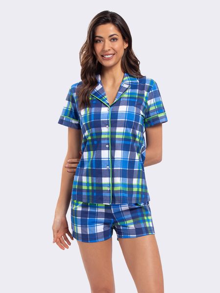 Pijama Manga Curta Aberto Americano Xadrez Azul AZUL - P