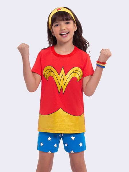 Pijama Manga Curta Mulher Maravilha Brilha no Escuro com Tiara VERMELHO - 2