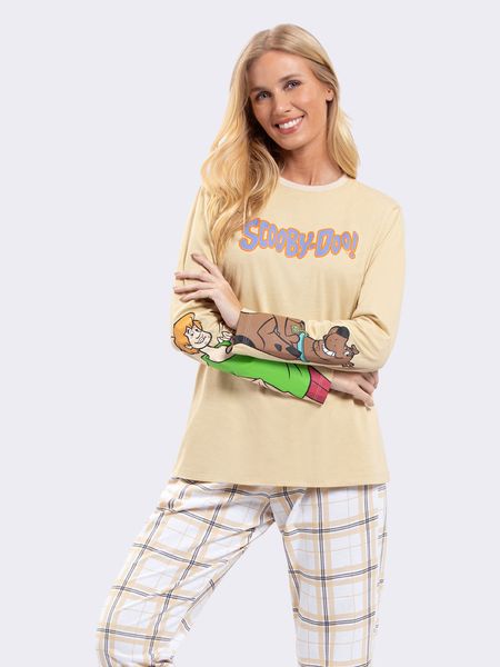 Pijama Manga Longa Xadrez Salsicha e Scooby BEGE - P