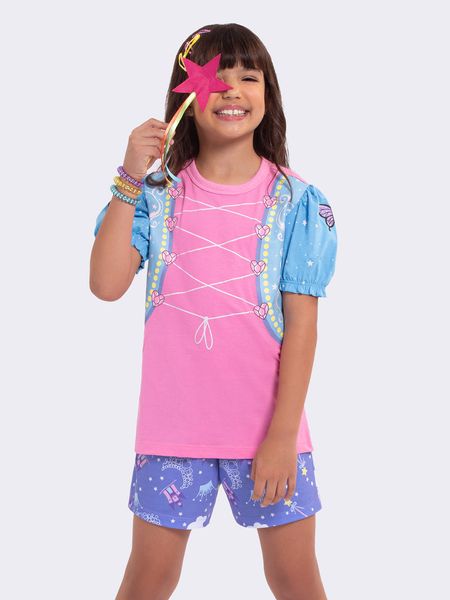 Pijama Manga Curta Infantil Princesa com Varinha Mágica ROSA - 14