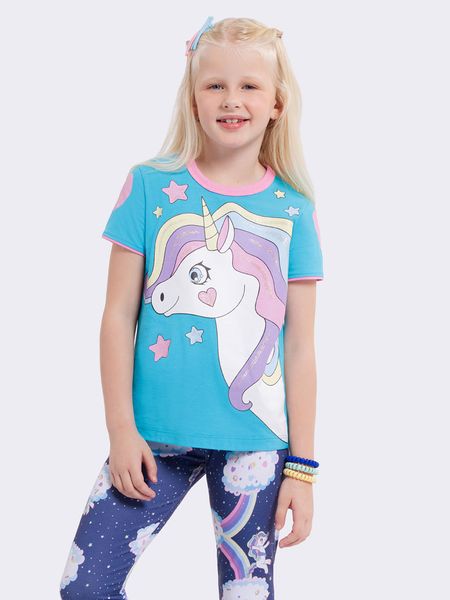 Pijama Manga Curta Infantil com Legging Unicórnio AZUL - 2