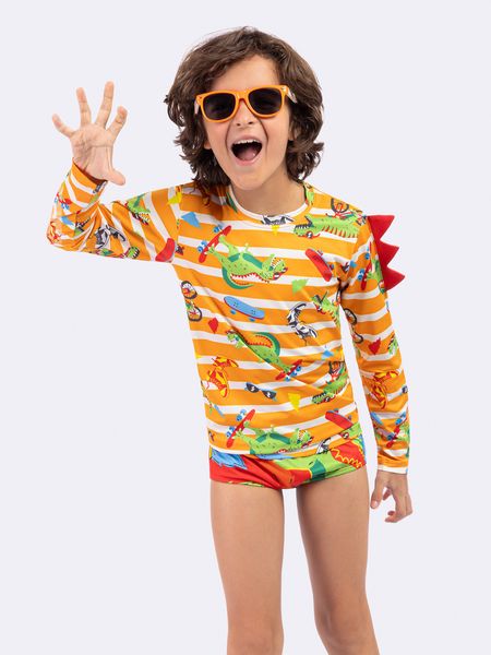 Blusa Manga Longa Dinossauros com Proteção UV50+ LARANJA - 2