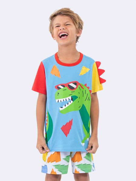 Pijama Manga Curta Infantil Masculino Dinossauros AZUL - 12