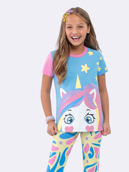 Pijama Manga Curta com Calça Legging Unicórnio Brilha no Escuro AZUL - 2