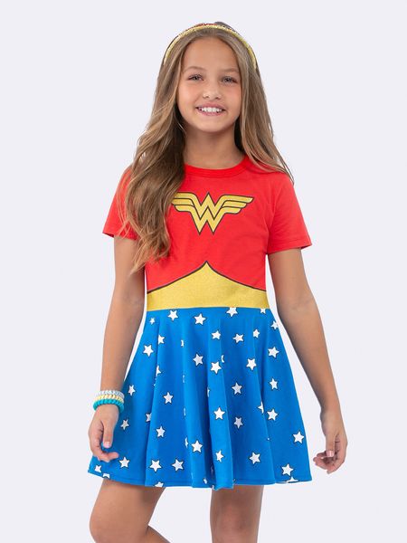 Camisola Manga Curta Infantil Mulher Maravilha Brilha no Escuro VERMELHO - 8