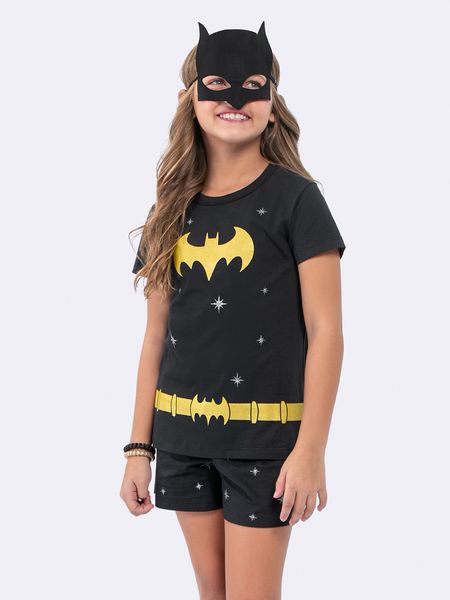 Pijama Manga Curta Infantil Batgirl com Máscara e Glitter PRETO - 2