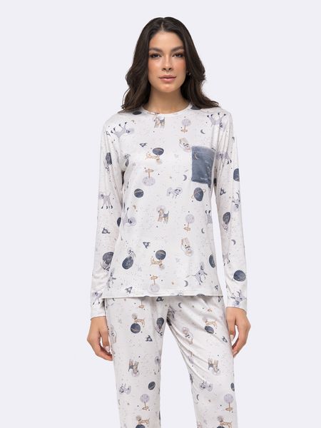 Pijama Manga Longa com Bolso em Fleece BEGE - M