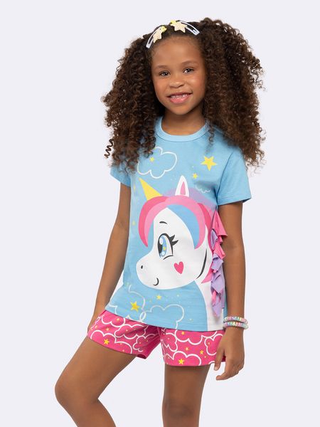 Pijama Infantil Manga Curta Unicórnio com Estampa Glitter AZUL - 2