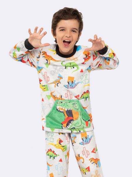 Pijama Manga Longa Infantil Dinossauro com Bolso Canguru CINZA - 2