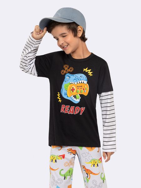 Pijama Manga Longa Infantil Dinossauro com Estampa que Brilha no Escuro PRETO - 2
