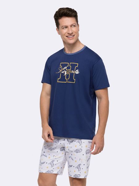 Pijama Manga Curta Hogwarts Masculino com Estampa em Foil AZUL - P