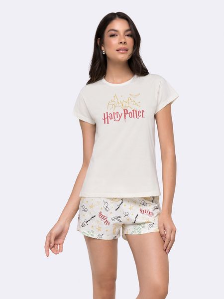 Pijama Manga Curta Feminino Harry Potter com Estampa Metalizada MARFIM - G