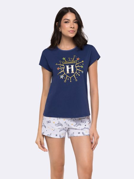 Pijama Manga Curta Feminino Hogwarts com Estampa em Foil AZUL - P
