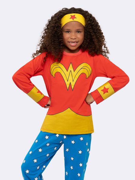 Pijama Infantil Manga Longa Mulher Maravilha com Estampa Metalizada e Tiara Exclusiva VERMELHO - 4