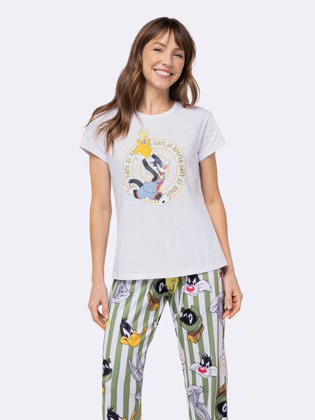 Pijama Manga Curta com Calça Feminino Looney Tunes BRANCO - P